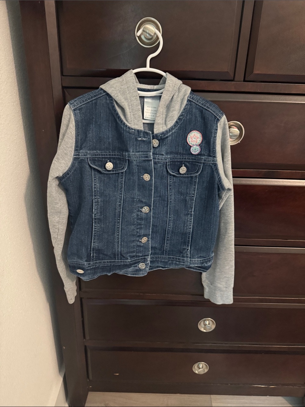 American Girl Denim Jacket with Gray Hooded Sleeves and Patch